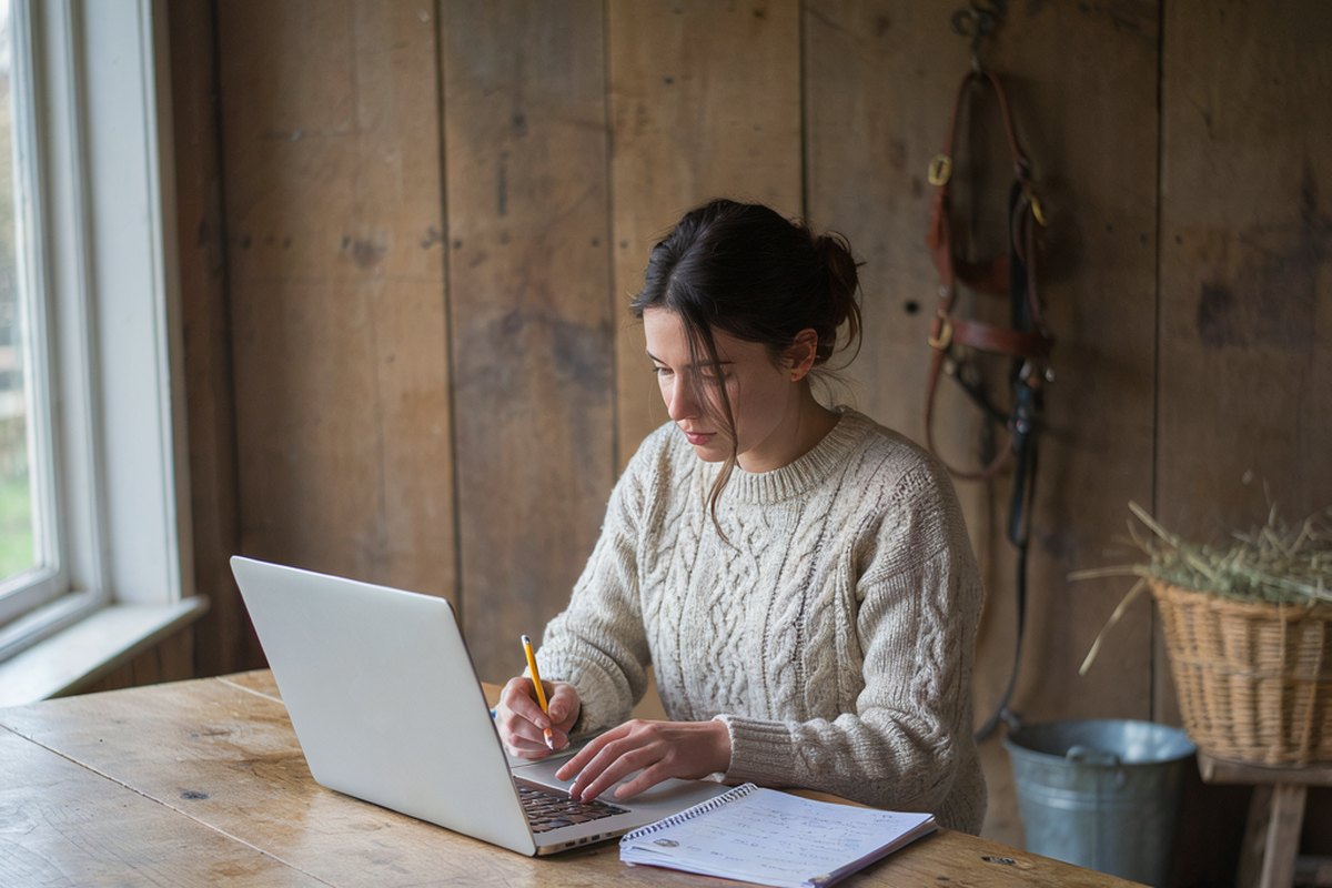 Teilnehmerin der Online-Weiterbildung an einem Holztisch im Stall, Laptop und Notizbuch