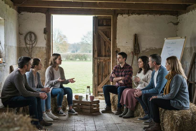 Elternabend in der Scheune, Menschen sitzen im Kreis auf Strohballen